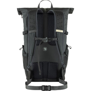 Back view of a black Fjallraven rolltop backpack with mesh padded shoulder straps and waist belt