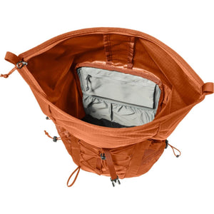 Open orange roll top backpack showing interior pockets and storage compartment