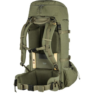 FjallRaven Kajka 35 hiking backpack in green showing the back panel and wooden frame