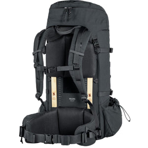 Back view of black FjallRaven Kajka 35 backpack showing wooden frame and padded harness system