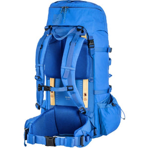 Back view of blue FjallRaven Kajka 35 backpack showing adjustable straps and wooden frame