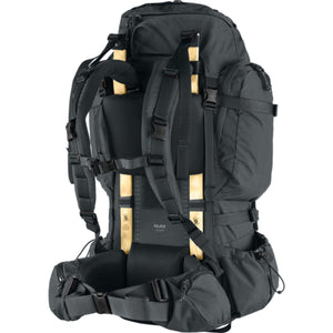 FjallRaven Kajka 55 backpack showing the back panel with wooden frame and adjustable straps