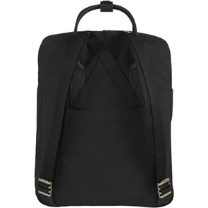 Back view of a black FjallRaven Kanken backpack with adjustable shoulder straps and top handle