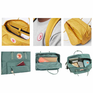 FjallRaven Kanken laptop backpack interior and exterior features showing pockets and straps