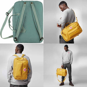 FjallRaven Kanken laptop bag shown in green and yellow worn as a backpack and shoulder bag