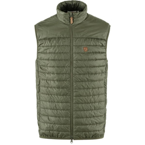 Olive green FjallRaven quilted vest with full front zipper and high collar