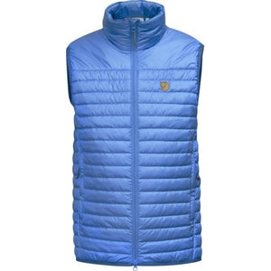 FjallRaven blue quilted puffer vest with high collar and front zipper