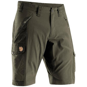FjallRaven olive green cargo shorts with zippered pockets and side cargo pockets