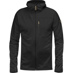Black FjallRaven hooded fleece jacket with a full front zipper and chest pocket