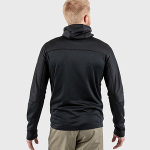Back view of a person wearing a black FjallRaven hooded fleece jacket
