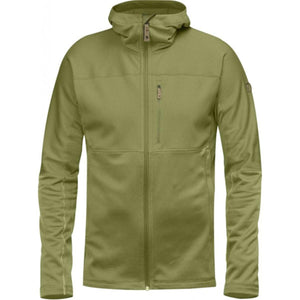 FjallRaven olive green hooded fleece jacket with front zipper and chest pocket