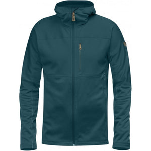 FjallRaven dark blue hooded fleece jacket with a vertical chest pocket