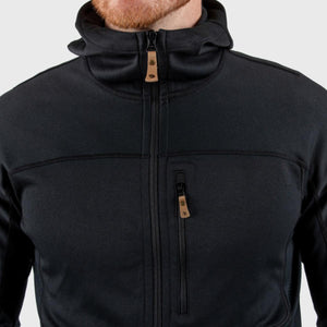 Fjallraven black fleece hoodie with chest pocket and leather zipper pulls