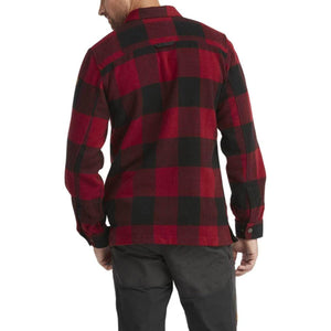 Back view of a man wearing a red and black plaid FjallRaven flannel shirt