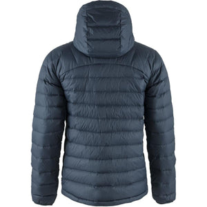 Back view of a dark blue FjallRaven hooded down jacket