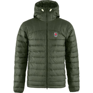 FjallRaven olive green hooded down jacket with front zipper and logo patch