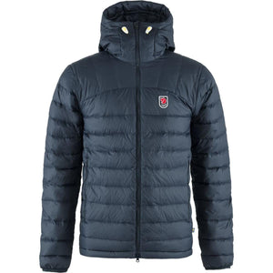 FjallRaven dark blue hooded down jacket with front zipper and chest logo