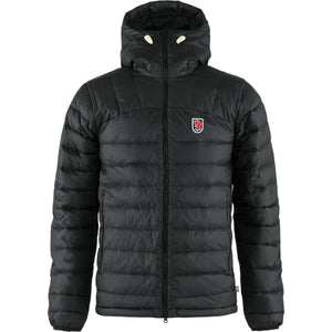 FjallRaven black hooded down jacket with front zipper and logo patch