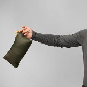 Person holding a packed FjallRaven olive green garment pouch