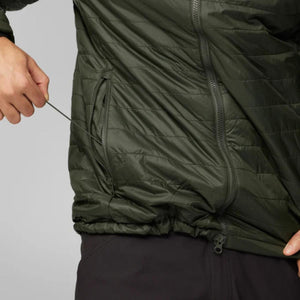 FjallRaven olive green quilted jacket side pocket detail with zipper