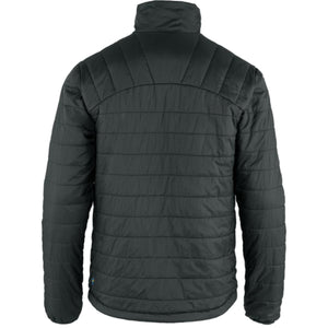 Back view of a black FjallRaven quilted jacket with a high collar