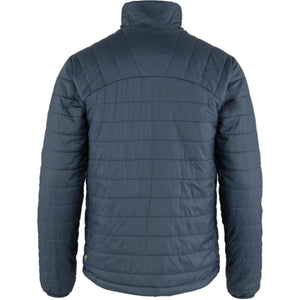 Back view of a dark blue FjallRaven quilted jacket with a high collar