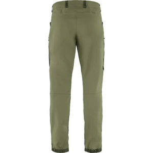 Back view of olive green outdoor trousers with belt loops and zippered pockets
