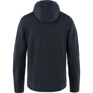 Back view of a dark blue FjallRaven hooded fleece jacket