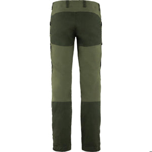 Back view of FjallRaven olive green outdoor trousers with reinforced dark green panels