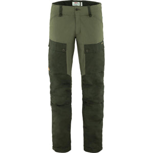 FjallRaven olive green hiking trousers with reinforced knee and thigh panels