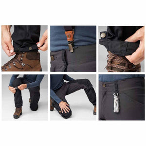 Close up details of Fjallraven trousers showing adjustable leg cuffs suspender clips knee pads and gear loop