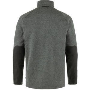 Back view of a grey FjallRaven fleece jacket with black elbow patches