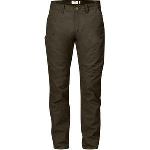 FjallRaven dark olive green outdoor trousers with belt loops and button fly