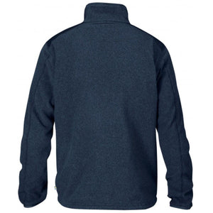 Back view of a navy blue fleece jacket with a high collar