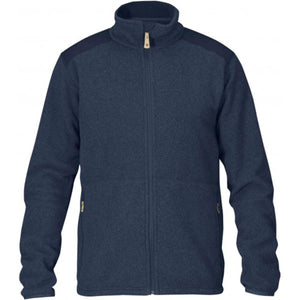 Fjallraven dark navy blue fleece jacket with high collar and full front zipper