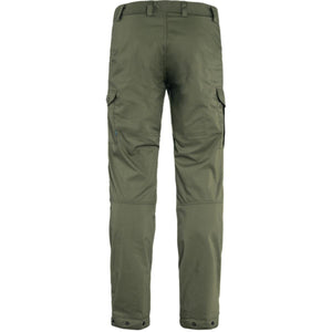 Back view of olive green FjallRaven cargo trousers with side pockets and buttoned cuffs