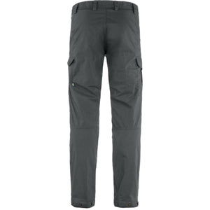 Back view of dark grey FjallRaven cargo trousers with side pockets