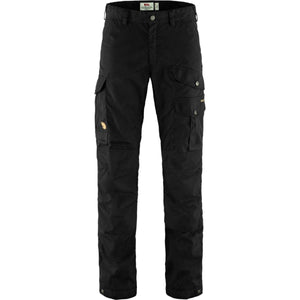 FjallRaven black cargo trousers with multiple pockets and button closures