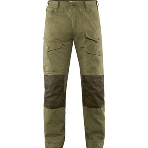 FjallRaven olive green trekking trousers with reinforced dark green knee panels and multiple cargo pockets
