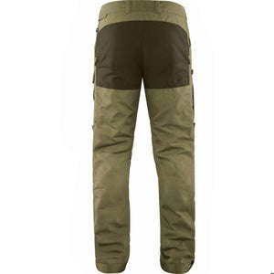 Back view of FjallRaven olive green outdoor trousers with dark brown reinforced seat
