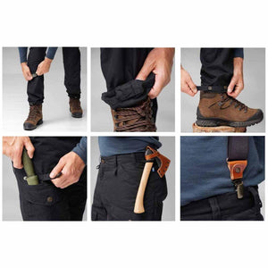FjallRaven trousers showing adjustable leg cuffs, axe holder, and suspender attachment points