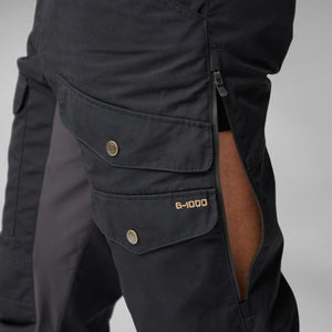 FjallRaven black trousers with side ventilation zipper and G-1000 cargo pockets
