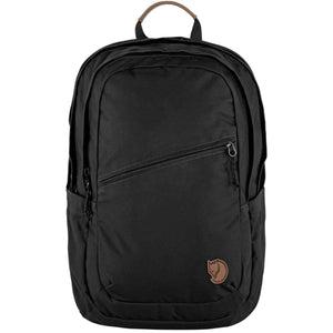 Black FjallRaven backpack with a diagonal front zipper pocket and leather top handle