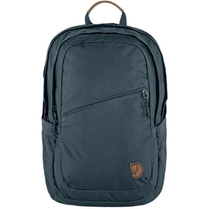 FjallRaven dark blue backpack with a diagonal front zipper pocket and leather top handle