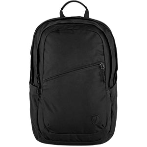 Black FjallRaven backpack with a diagonal front zipper pocket and top handle