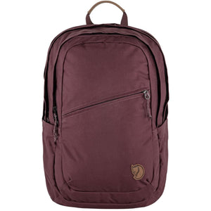 FjallRaven burgundy backpack with a diagonal front zipper pocket and leather top handle