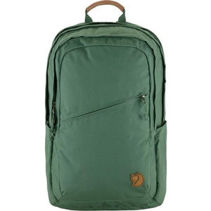 Green FjallRaven backpack with a brown leather handle and logo patch