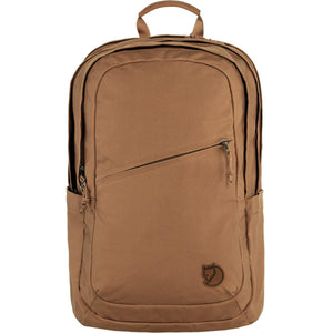 Brown FjallRaven backpack with front diagonal zipper pocket and top handle