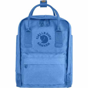 Blue FjallRaven Kanken backpack with front pocket and top handles