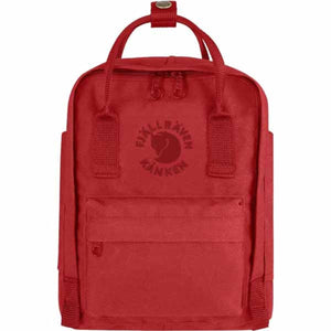 Red FjallRaven Kanken backpack with top handles and front pocket